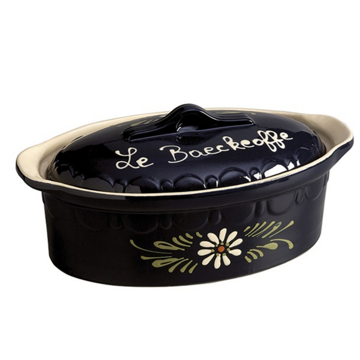 134D7 - SIEGFRIED - Terrine ovale 41.5 cm bleu decor fleurs blanches baeckeoffe n°7.