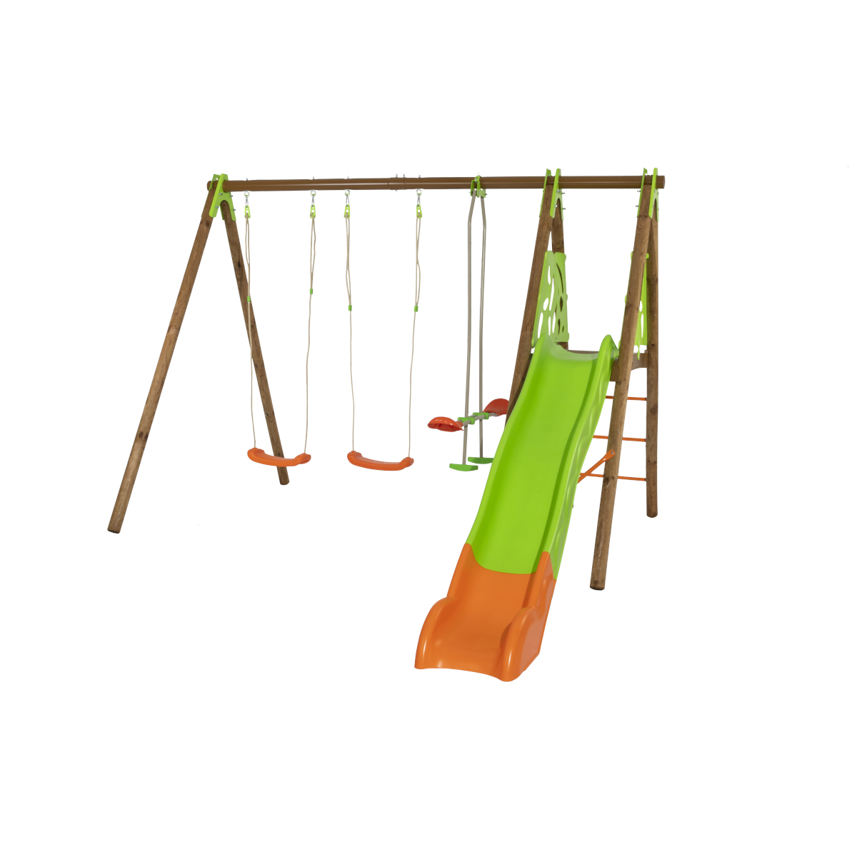 trigano jardin Portique bois-métal avec 2 balançoires + 1 siège face à face + 1 plateforme avec toboggan trigano jardin